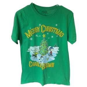 Peanuts‎ Merry Christmas Festive Charlie Brown Green Graphic Tee Shirt Size M